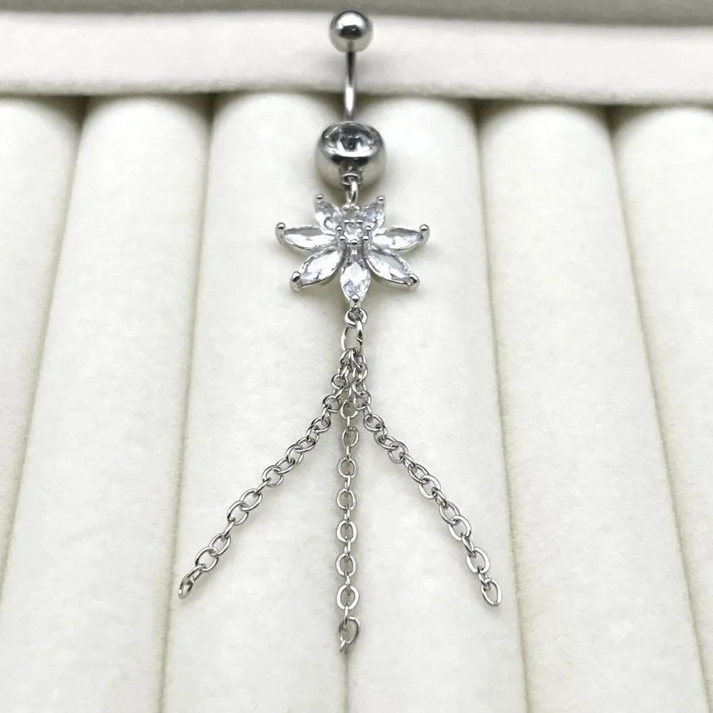 316L Stainless Steel with White Diamond Cubic Zirconia Flower 14G Belly Ring